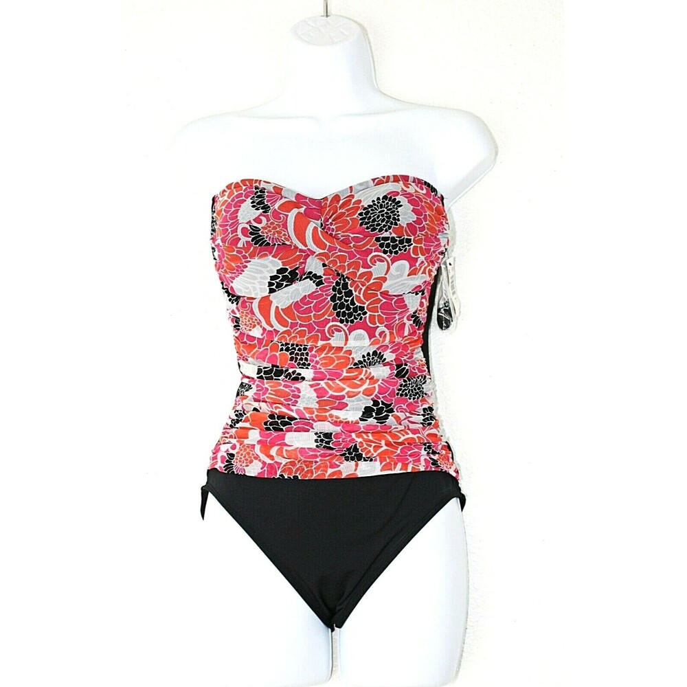 NWT JACLYN SMITH 1 PC Swimsuit Sz. 8 Halter Bandeau Black Multicol Floral #02